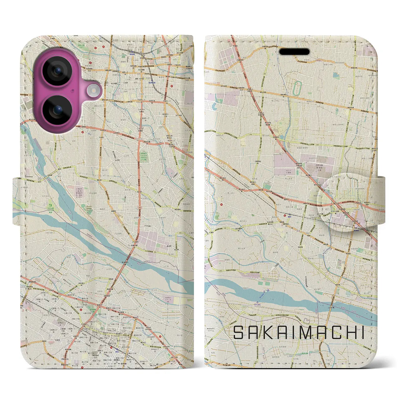 【境町（群馬県）】地図柄iPhoneケース（手帳タイプ）ナチュラル・iPhone 16 Pro 用