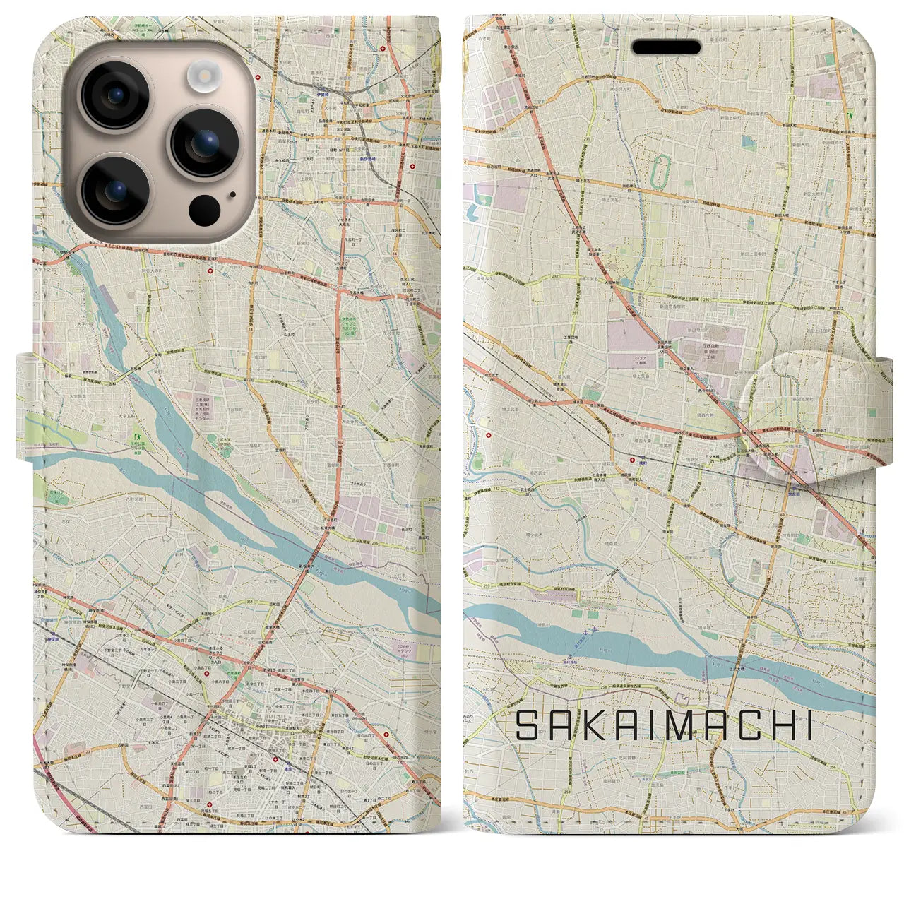 【境町（群馬県）】地図柄iPhoneケース（手帳タイプ）ナチュラル・iPhone 16 Plus 用