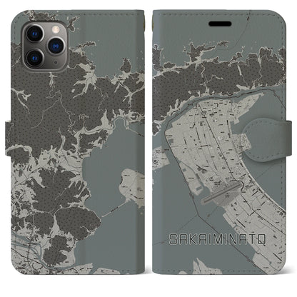 【境港（鳥取県）】地図柄iPhoneケース（手帳タイプ）モノトーン・iPhone 11 Pro Max 用