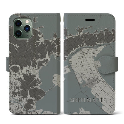 【境港（鳥取県）】地図柄iPhoneケース（手帳タイプ）モノトーン・iPhone 11 Pro 用