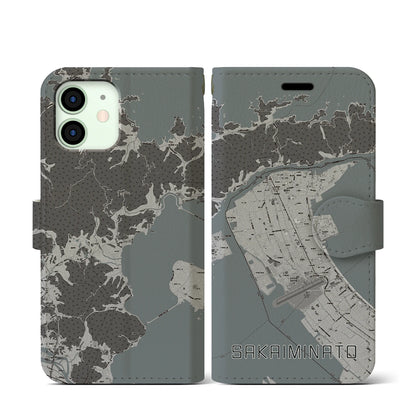 【境港（鳥取県）】地図柄iPhoneケース（手帳タイプ）モノトーン・iPhone 12 mini 用