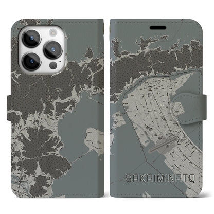 【境港（鳥取県）】地図柄iPhoneケース（手帳タイプ）モノトーン・iPhone 14 Pro 用