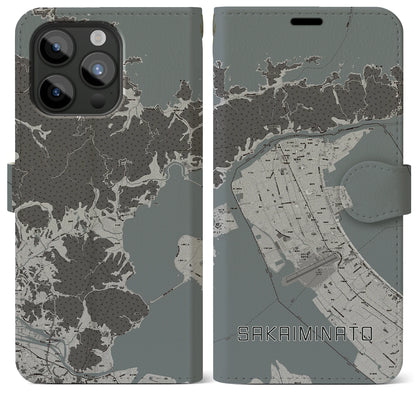 【境港（鳥取県）】地図柄iPhoneケース（手帳タイプ）モノトーン・iPhone 15 Pro Max 用