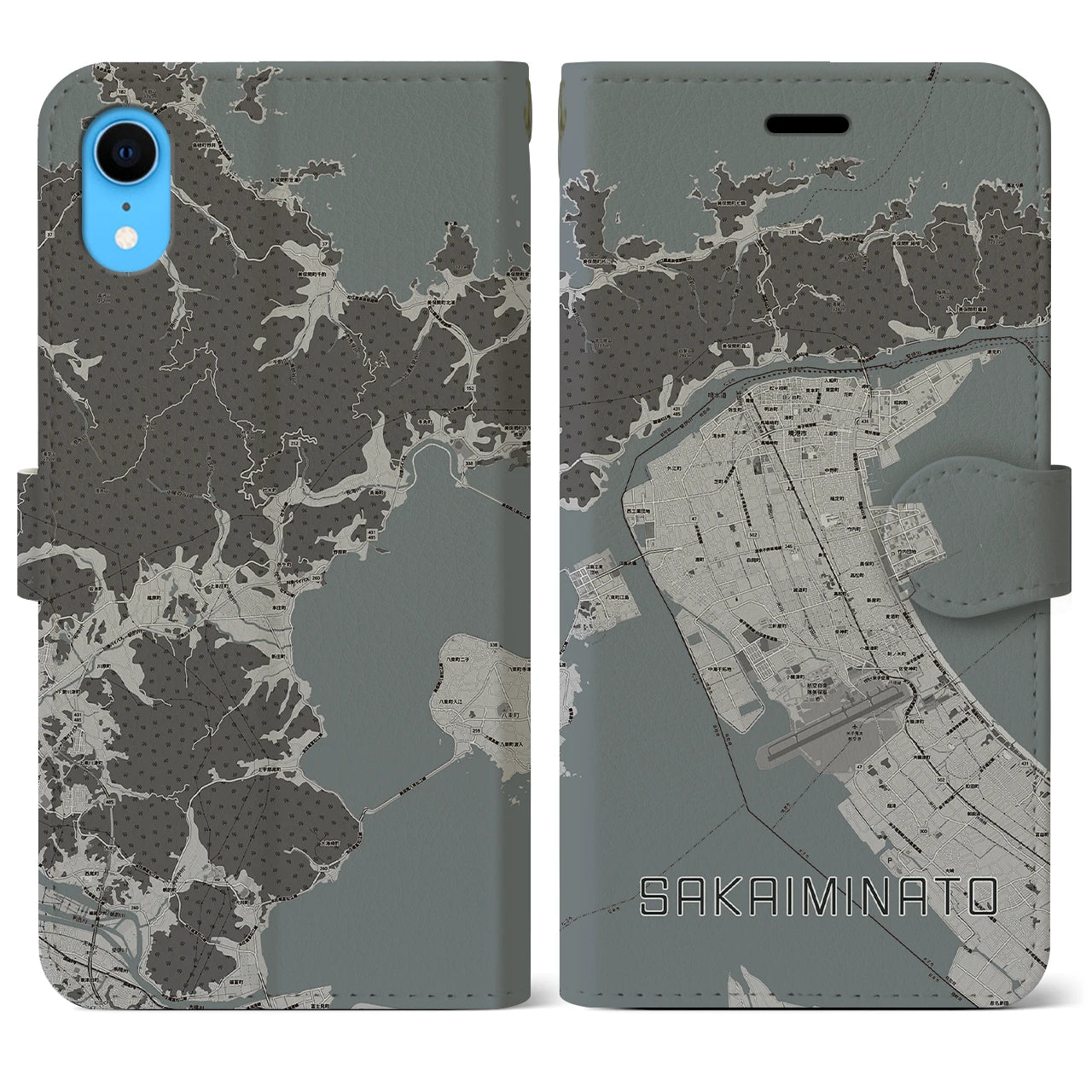 【境港】地図柄iPhoneケース（手帳両面タイプ・モノトーン）iPhone XR 用