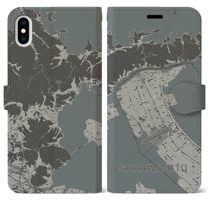 【境港（鳥取県）】地図柄iPhoneケース（手帳タイプ）モノトーン・iPhone XS Max 用