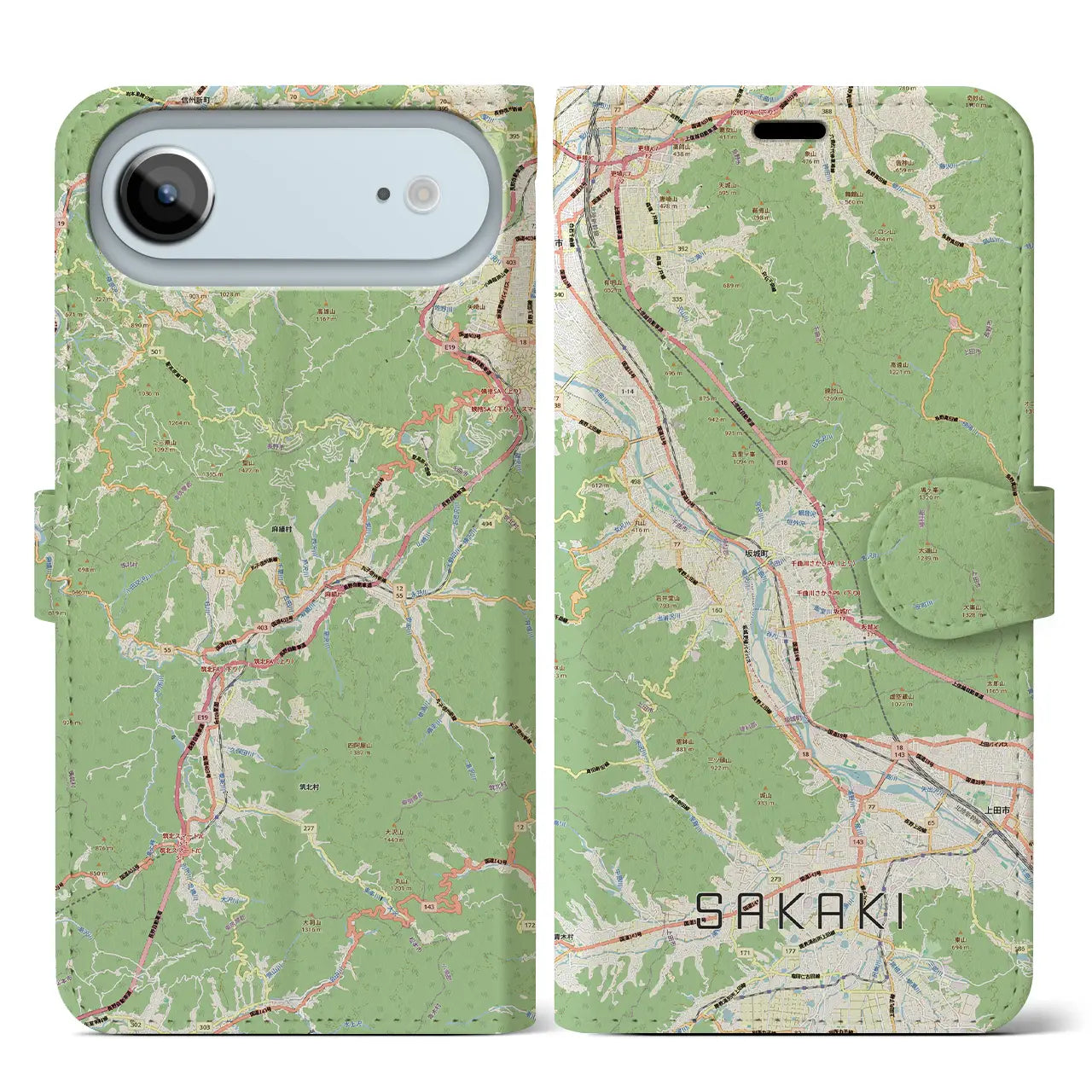 【坂城（長野県）】地図柄iPhoneケース（手帳タイプ）モノトーン・iPhone 17 Pro Max 用