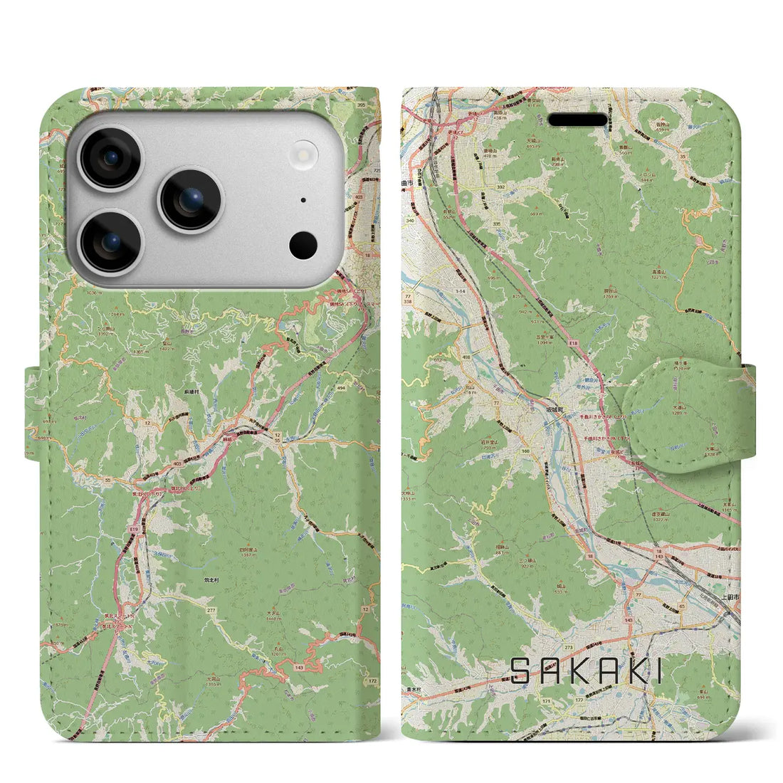 【坂城(長野県)】地図柄iPhoneケース(手帳タイプ)モノトーン・iPhone 17 Pro Max 用