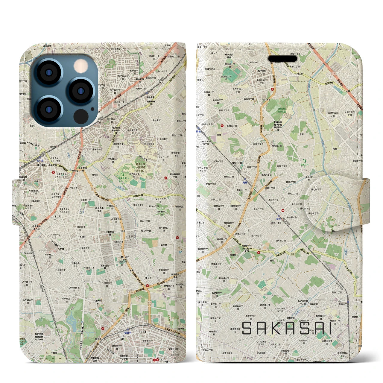 【逆井（千葉県）】地図柄iPhoneケース（手帳タイプ）