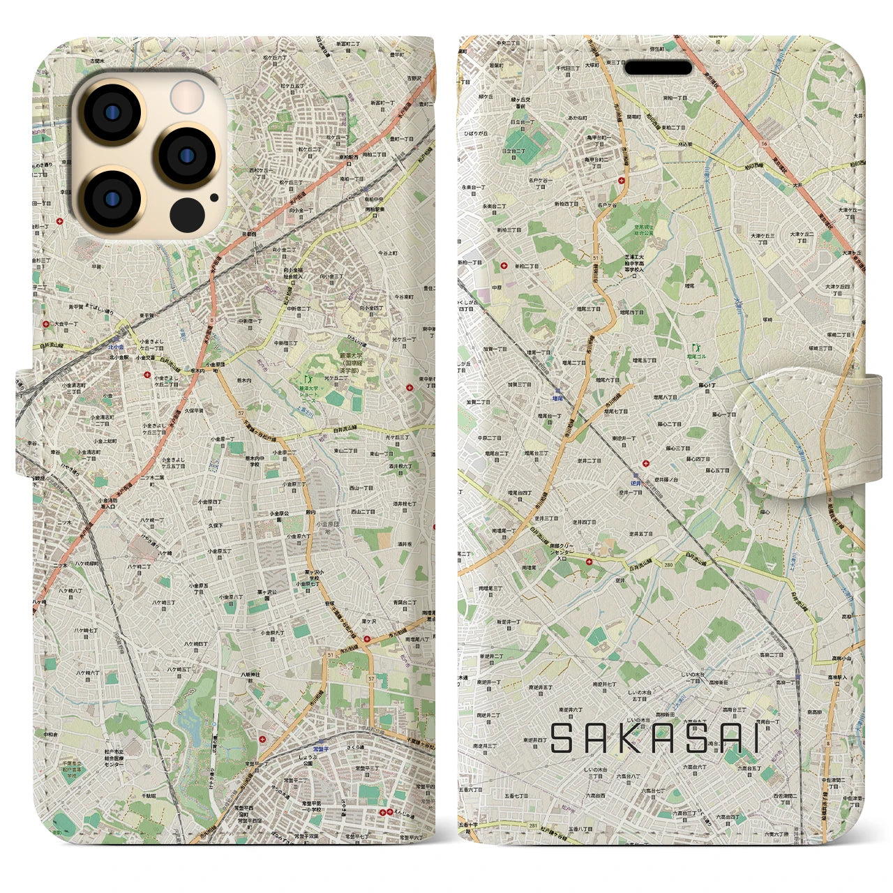 【逆井（千葉県）】地図柄iPhoneケース（手帳タイプ）