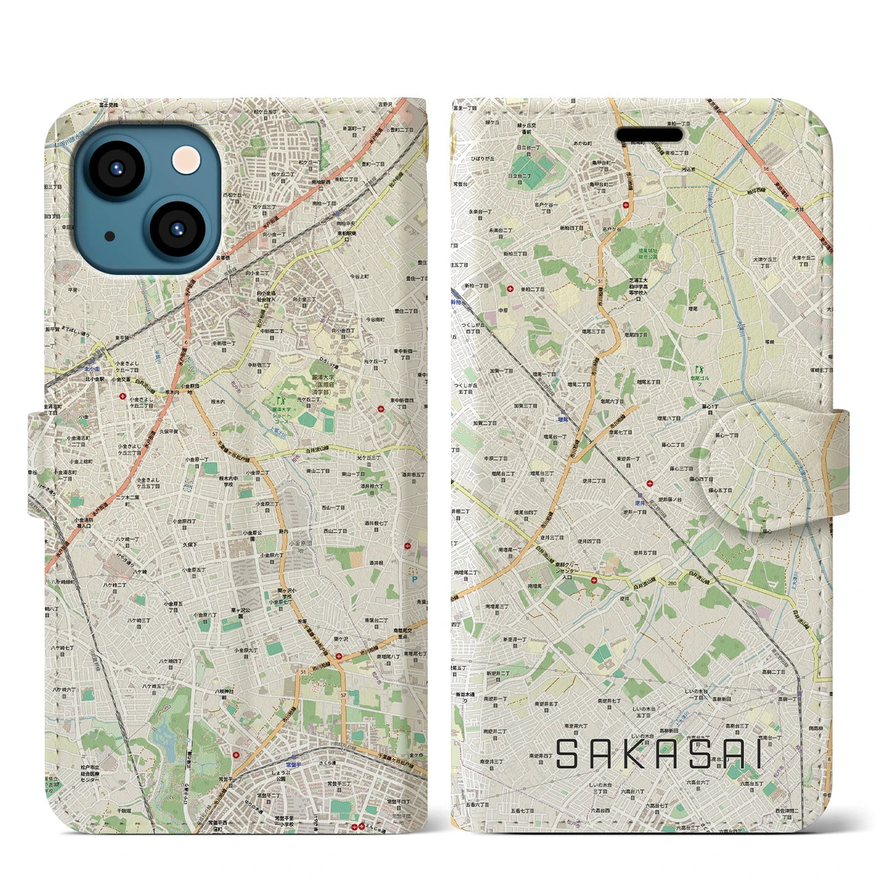 【逆井（千葉県）】地図柄iPhoneケース（手帳タイプ）