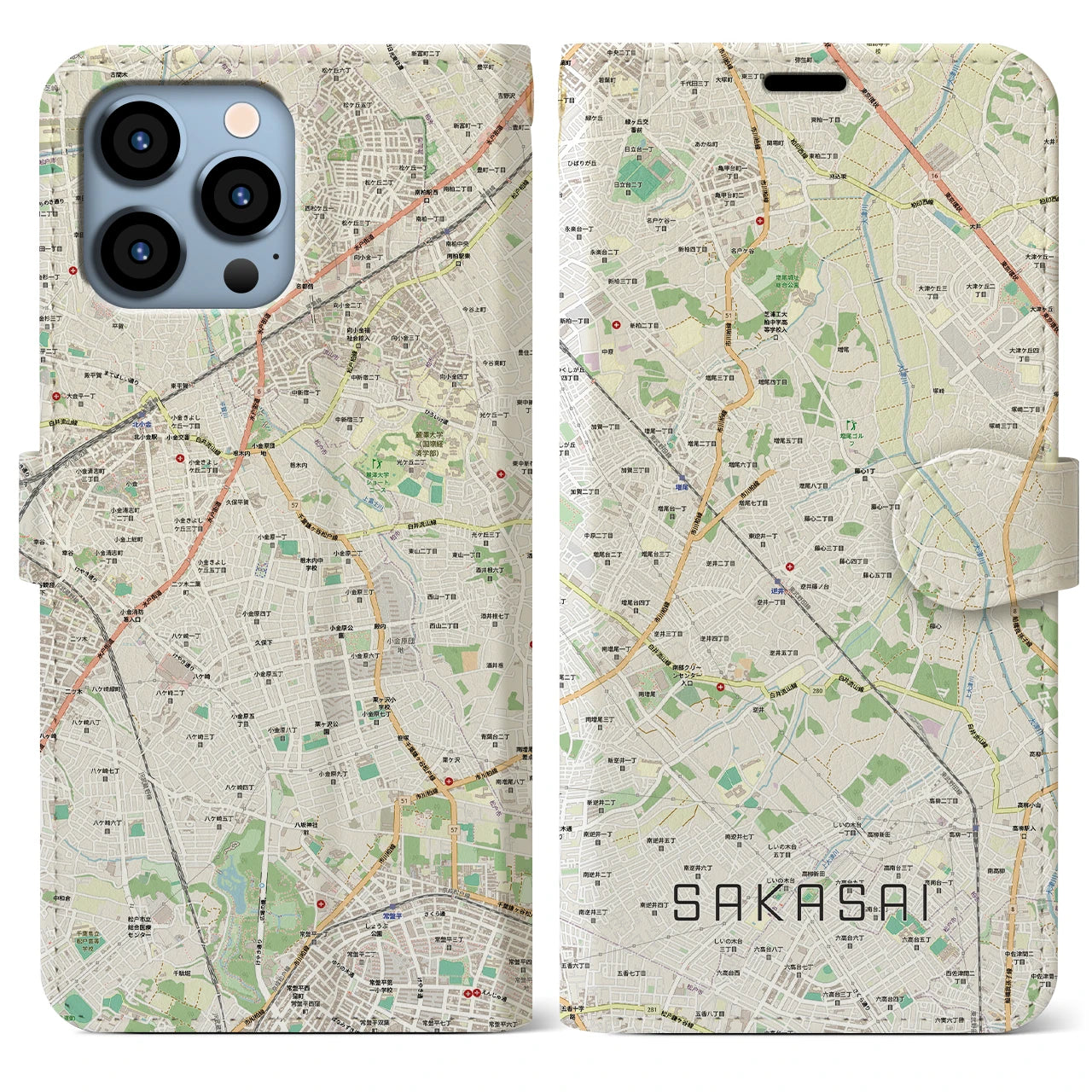 【逆井（千葉県）】地図柄iPhoneケース（手帳タイプ）