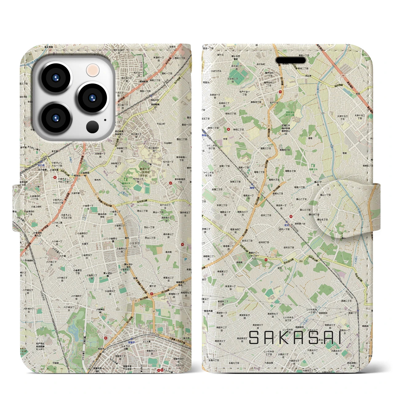 【逆井（千葉県）】地図柄iPhoneケース（手帳タイプ）