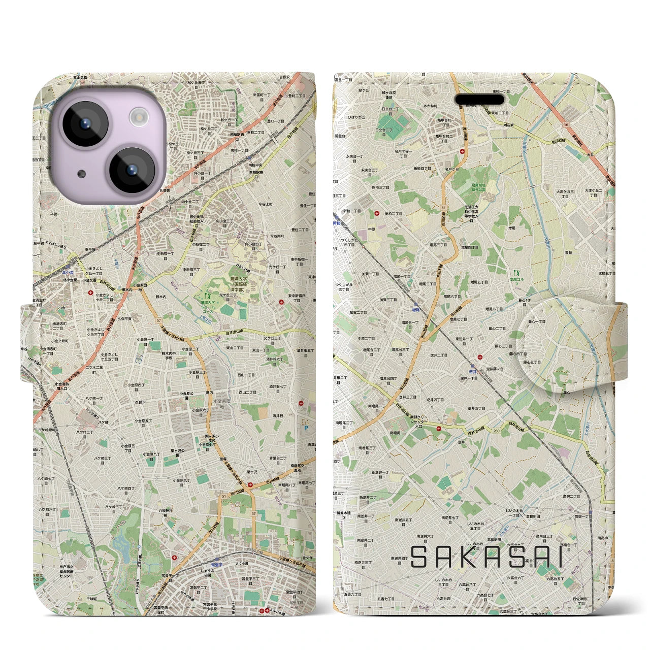 【逆井（千葉県）】地図柄iPhoneケース（手帳タイプ）