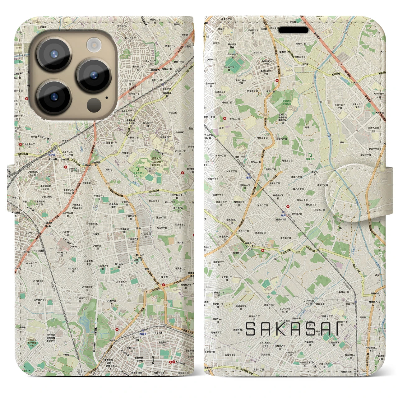 【逆井（千葉県）】地図柄iPhoneケース（手帳タイプ）