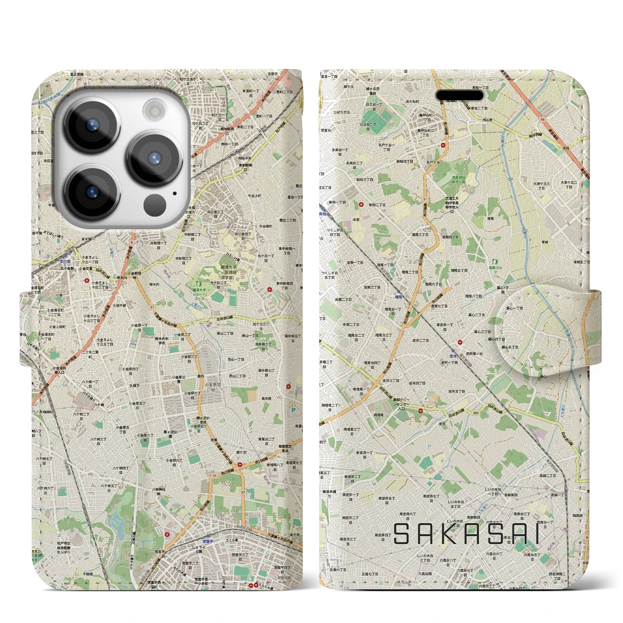 【逆井（千葉県）】地図柄iPhoneケース（手帳タイプ）