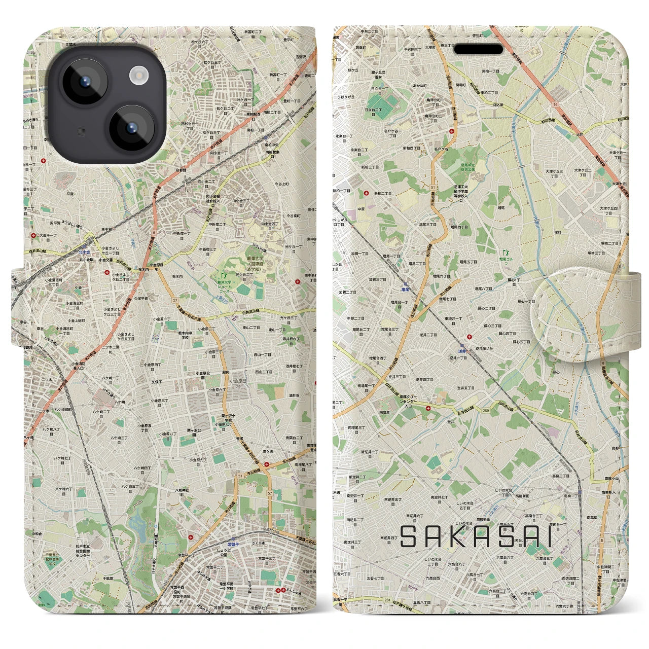 【逆井（千葉県）】地図柄iPhoneケース（手帳タイプ）