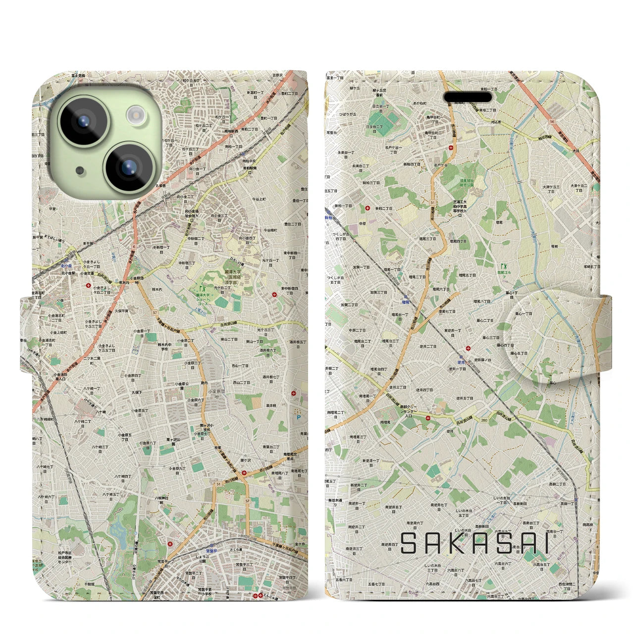 【逆井（千葉県）】地図柄iPhoneケース（手帳タイプ）