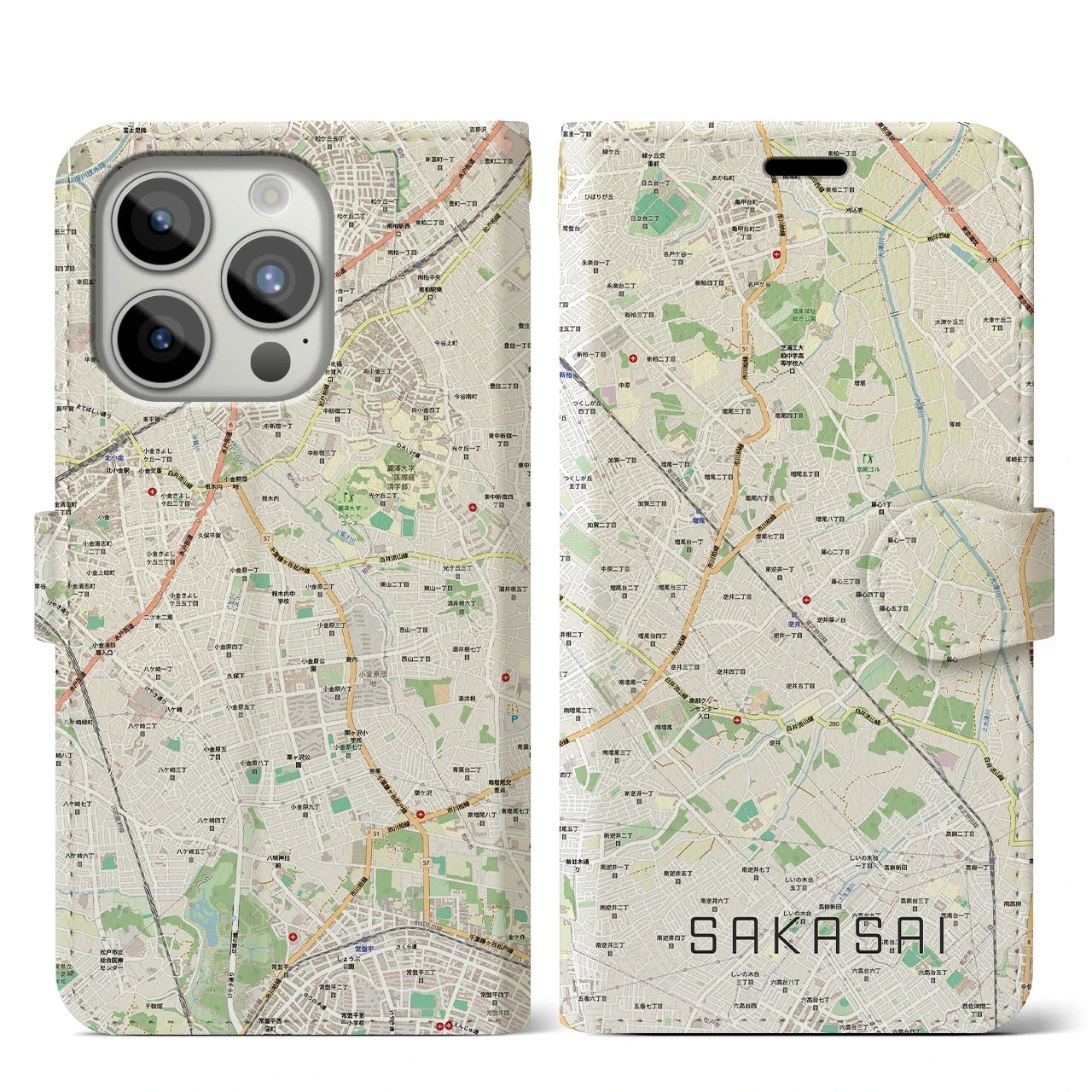 【逆井（千葉県）】地図柄iPhoneケース（手帳タイプ）