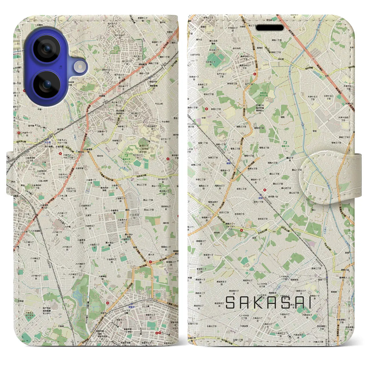 【逆井（千葉県）】地図柄iPhoneケース（手帳タイプ）