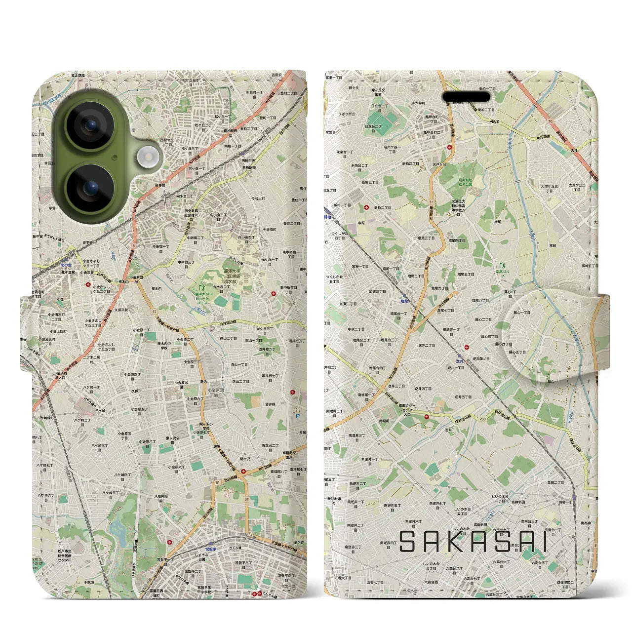 【逆井（千葉県）】地図柄iPhoneケース（手帳タイプ）モノトーン・iPhone 17 Pro Max 用