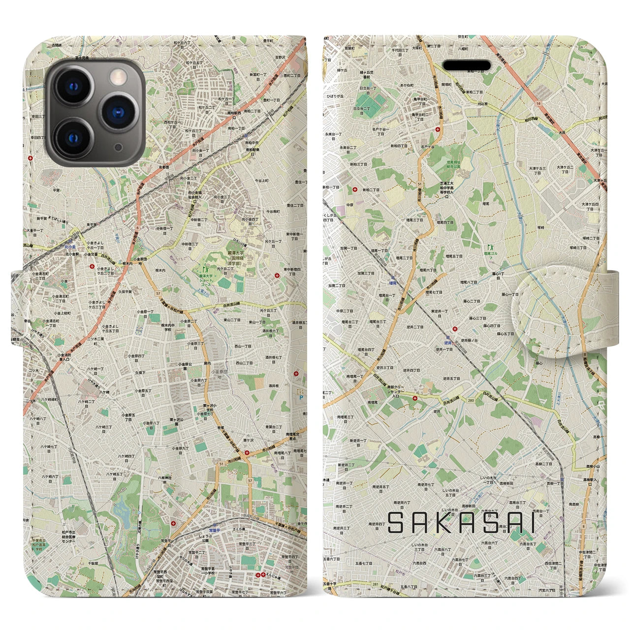 【逆井（千葉県）】地図柄iPhoneケース（手帳タイプ）