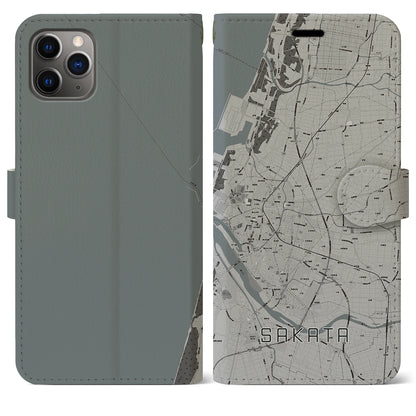 【酒田（山形県）】地図柄iPhoneケース（手帳タイプ）モノトーン・iPhone 11 Pro Max 用