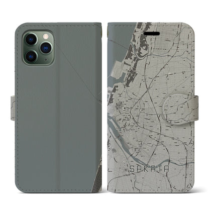 【酒田（山形県）】地図柄iPhoneケース（手帳タイプ）モノトーン・iPhone 11 Pro 用