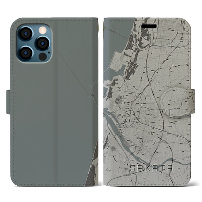 【酒田（山形県）】地図柄iPhoneケース（手帳タイプ）モノトーン・iPhone 12 / 12 Pro 用