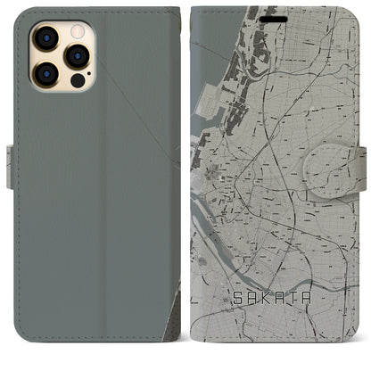 【酒田（山形県）】地図柄iPhoneケース（手帳タイプ）モノトーン・iPhone 12 Pro Max 用