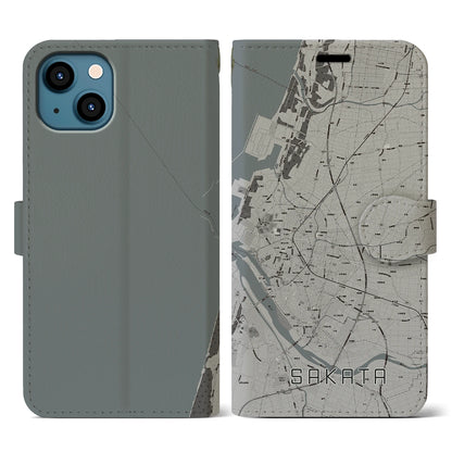 【酒田（山形県）】地図柄iPhoneケース（手帳タイプ）モノトーン・iPhone 13 用