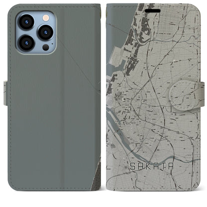 【酒田（山形県）】地図柄iPhoneケース（手帳タイプ）モノトーン・iPhone 13 Pro Max 用