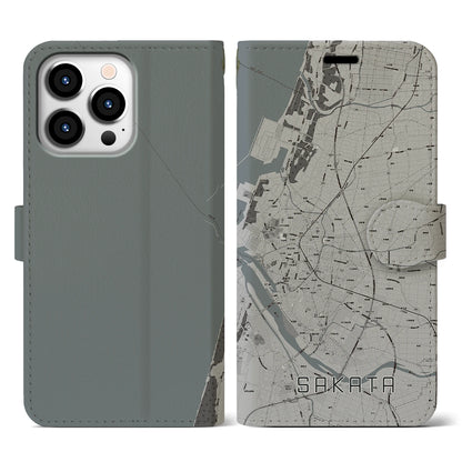 【酒田（山形県）】地図柄iPhoneケース（手帳タイプ）モノトーン・iPhone 13 Pro 用