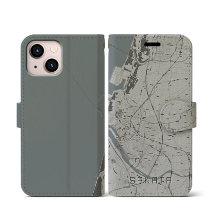 【酒田（山形県）】地図柄iPhoneケース（手帳タイプ）モノトーン・iPhone 13 mini 用