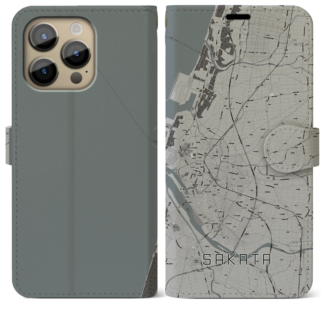 【酒田】地図柄iPhoneケース（手帳両面タイプ・モノトーン）iPhone 14 Pro Max 用