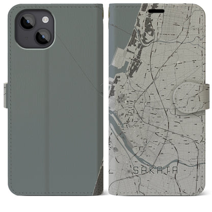 【酒田（山形県）】地図柄iPhoneケース（手帳タイプ）モノトーン・iPhone 14 Plus 用