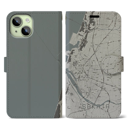 【酒田（山形県）】地図柄iPhoneケース（手帳タイプ）モノトーン・iPhone 15 用