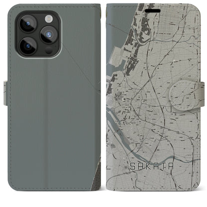 【酒田（山形県）】地図柄iPhoneケース（手帳タイプ）モノトーン・iPhone 15 Pro Max 用