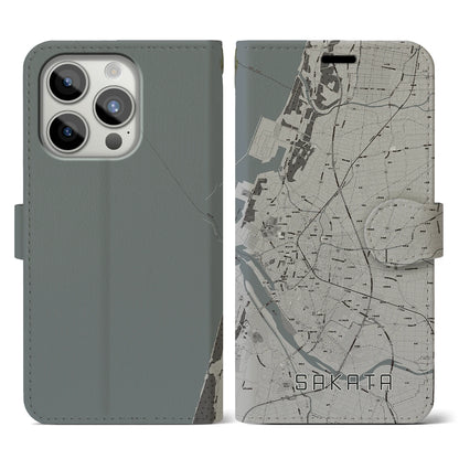 【酒田（山形県）】地図柄iPhoneケース（手帳タイプ）モノトーン・iPhone 15 Pro 用