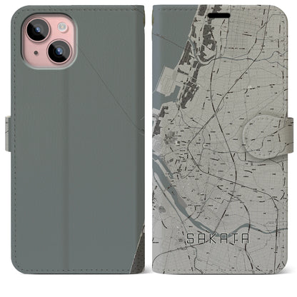 【酒田（山形県）】地図柄iPhoneケース（手帳タイプ）モノトーン・iPhone 15 Plus 用