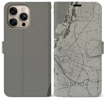 【酒田（山形県）】地図柄iPhoneケース（手帳タイプ）モノトーン・iPhone 16 Plus 用