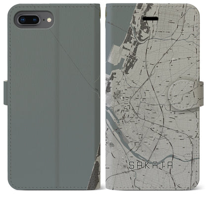 【酒田（山形県）】地図柄iPhoneケース（手帳タイプ）モノトーン・iPhone 8Plus /7Plus / 6sPlus / 6Plus 用