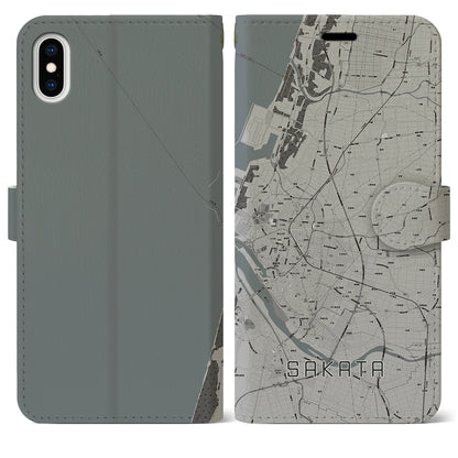 【酒田（山形県）】地図柄iPhoneケース（手帳タイプ）モノトーン・iPhone XS Max 用