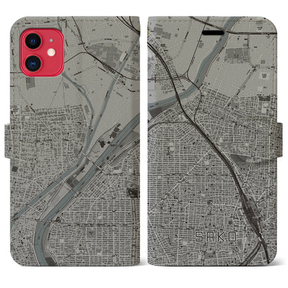 【栄生（愛知県）】地図柄iPhoneケース（手帳タイプ）モノトーン・iPhone 11 用