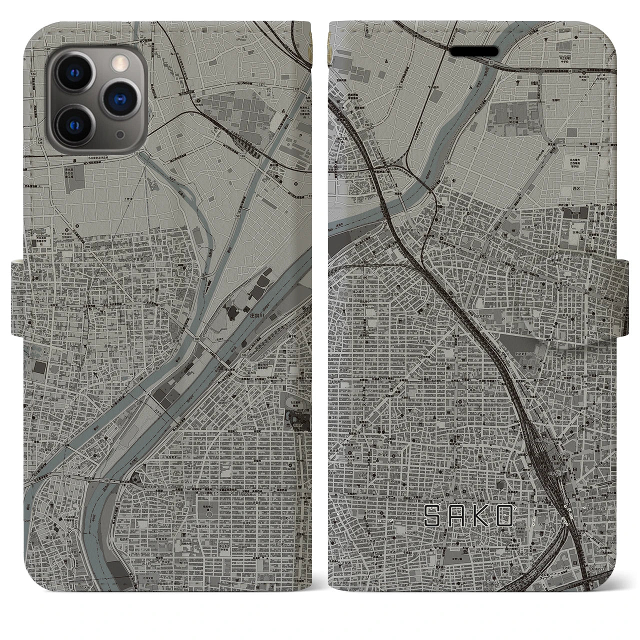 【栄生】地図柄iPhoneケース（手帳両面タイプ・モノトーン）iPhone 11 Pro Max 用