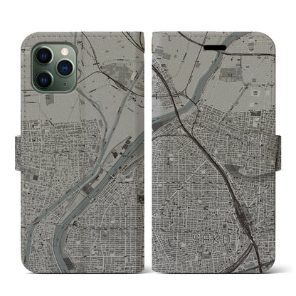 【栄生（愛知県）】地図柄iPhoneケース（手帳タイプ）モノトーン・iPhone 11 Pro 用