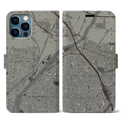 【栄生（愛知県）】地図柄iPhoneケース（手帳タイプ）モノトーン・iPhone 12 / 12 Pro 用