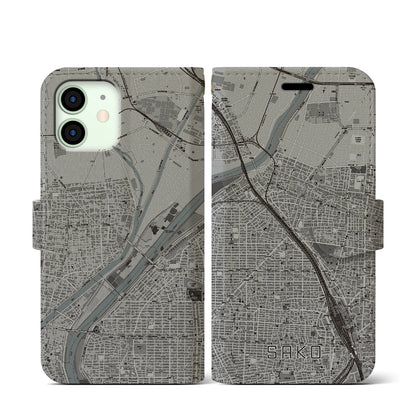 【栄生（愛知県）】地図柄iPhoneケース（手帳タイプ）モノトーン・iPhone 12 mini 用