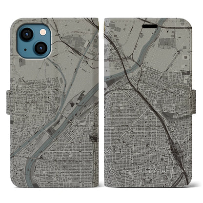 【栄生（愛知県）】地図柄iPhoneケース（手帳タイプ）モノトーン・iPhone 13 用