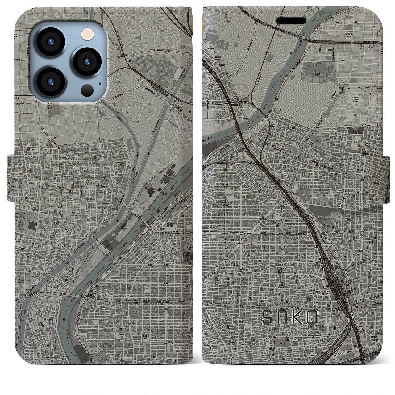 【栄生】地図柄iPhoneケース（手帳両面タイプ・モノトーン）iPhone 13 Pro Max 用