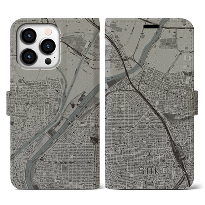 【栄生（愛知県）】地図柄iPhoneケース（手帳タイプ）モノトーン・iPhone 13 Pro 用